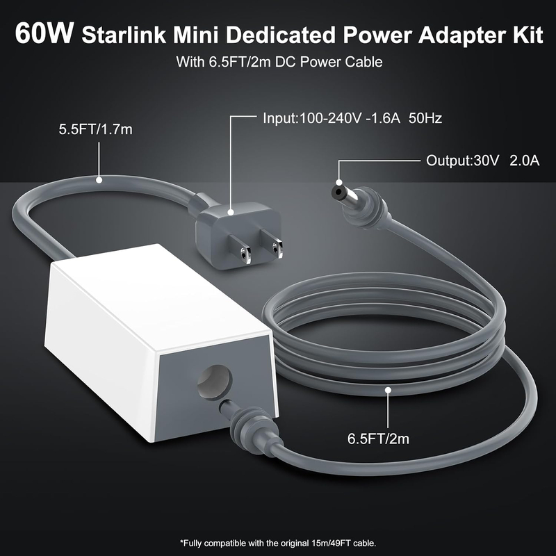 Starlink Mini Power Supply Adapter 30V 2A 110V-240V AC to DC Chager Adapter for Starlink MINI 12V Power Cable Wall Plug 60W Fast Charger Waterproof, Compatible with Star Link Mini DC Cord